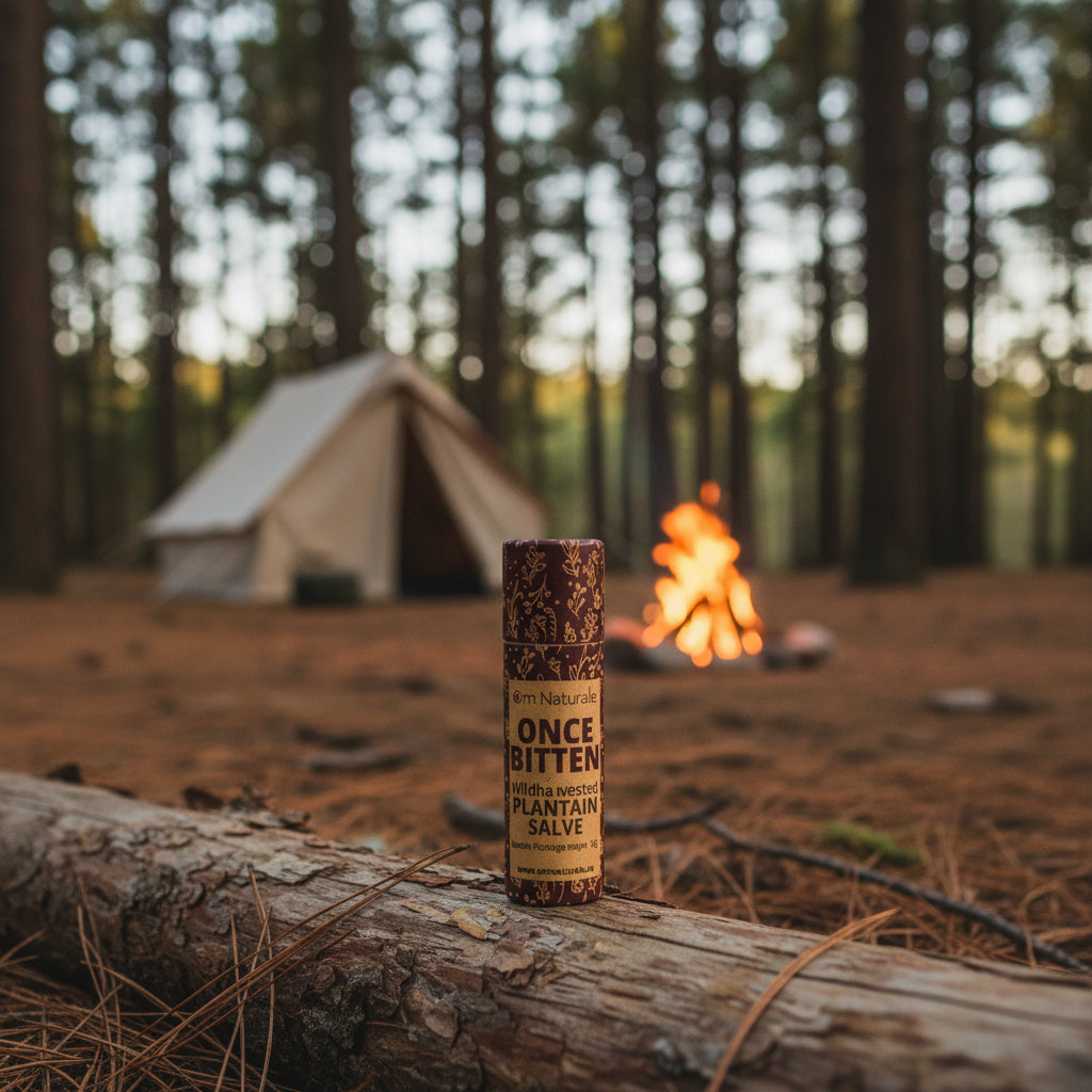 Om Naturale Once Bitten Plantain Salve on a wooden camping table with a tent and campfire in the background.