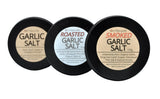 Om Naturale organic garlic salt trio – classic, natural wood-smoked, and roasted varieties made with pink Himalayan salt, small-batch from Armstrong, BC
