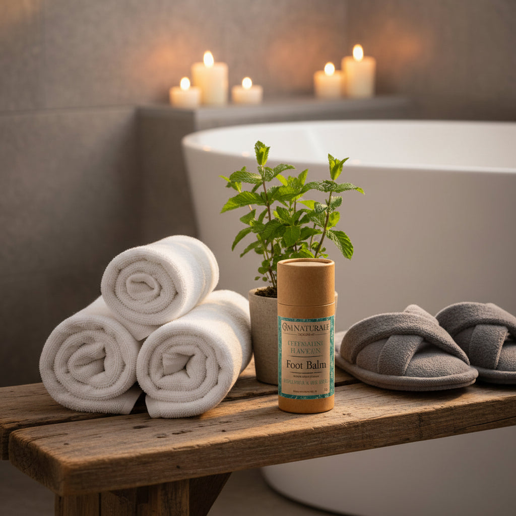 Om Naturale Peppermint Plantain Foot Balm displayed on a wooden bench with towels and botanical décor in a relaxing foot care setting.