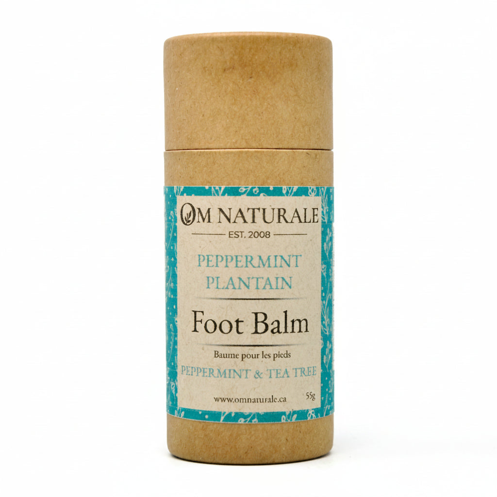 Om Naturale Peppermint Plantain Foot Balm with peppermint and tea tree for dry feet and heels.