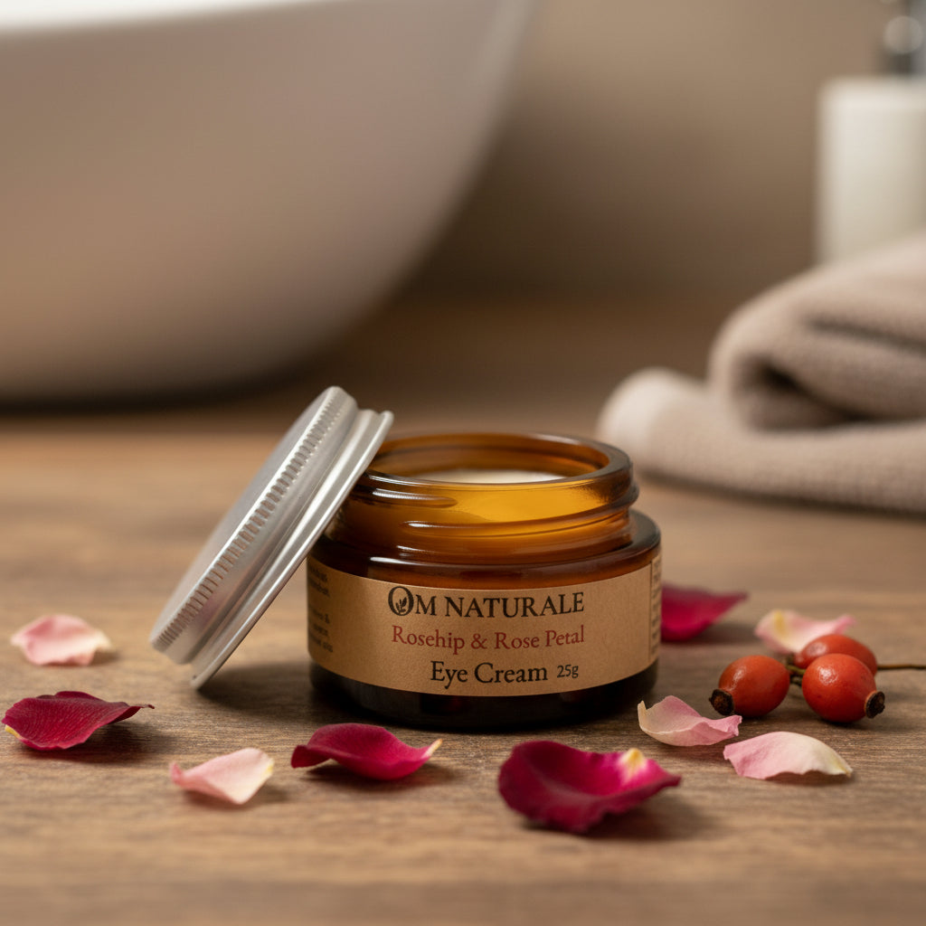 Open jar of Om Naturale Rosehip & Rose Petal Eye Cream in a natural botanical skincare setting, showcasing the rich, moisturizing cream.
