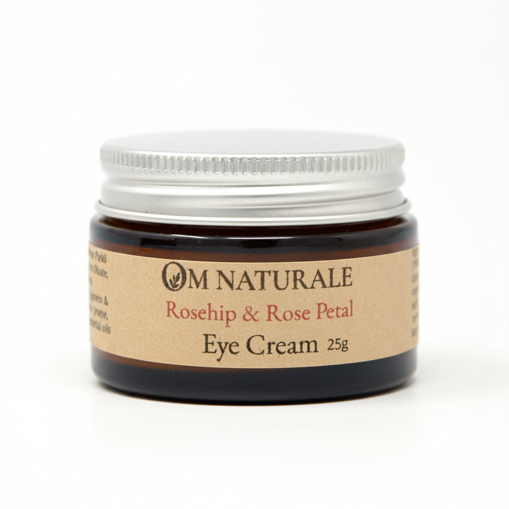 Om Naturale Rosehip & Rose Petal Eye Cream with Omgrown rosehip-infused jojoba oil, rose water and botanical extracts.