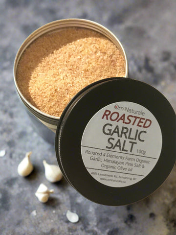 Om Naturale smoked garlic salt, artisanal, made in Armstrong BC for Okanagan gourmet gifts