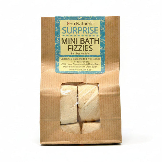 Om Naturale Surprise Mini Fizzies, plant-based mini bath fizzies with natural botanicals and essential oils for fun, relaxing bath experience