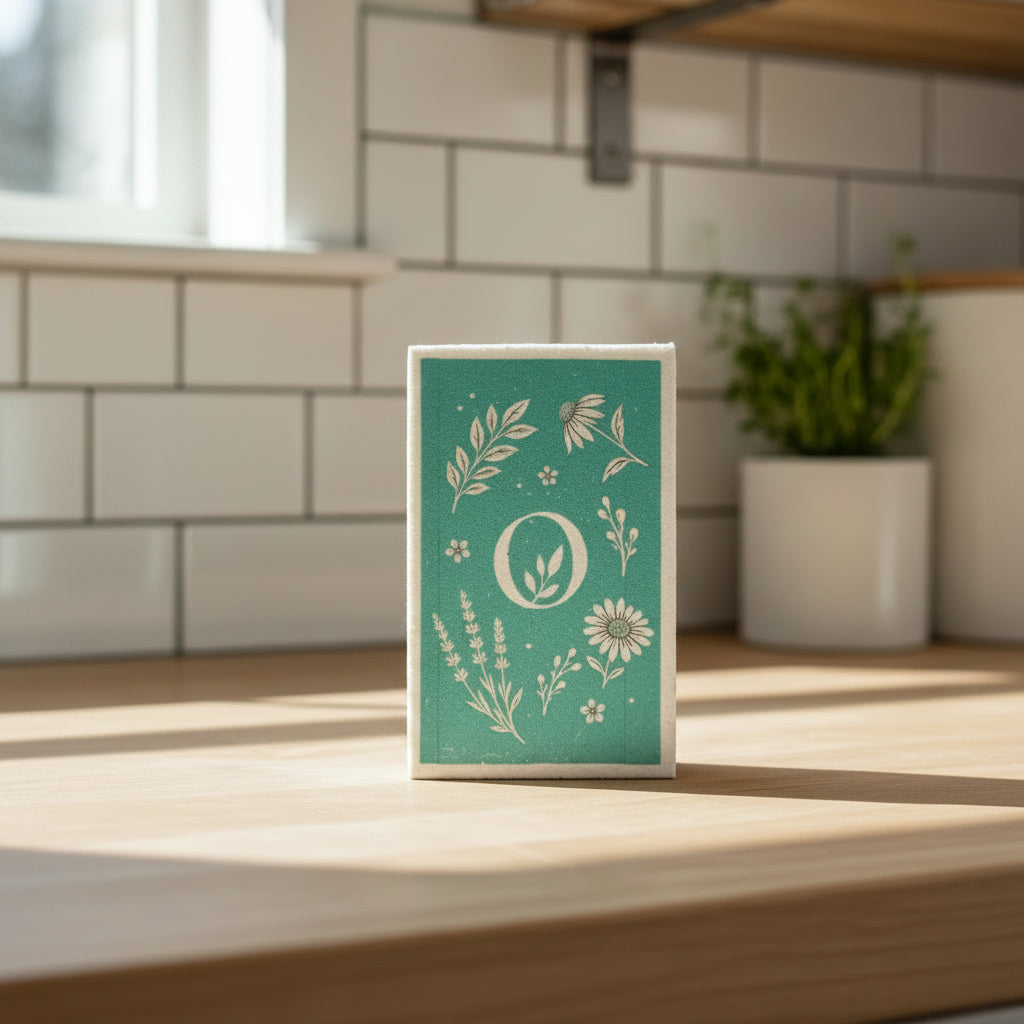 Om Naturale Teal Eco Cleaning Sponge with botanical artwork printed on a reusable compostable cellulose sponge.