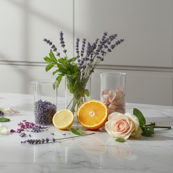 assortment of lavender, citrus, roses and mint botanicals in modern kitchen setting