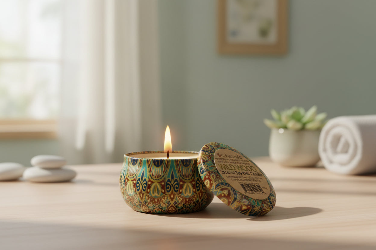Close-up of Om Naturale Wild Wood Coconut Wax Candle in tin, showing natural plant-based wax and cedarwood, fir and pine essential oils