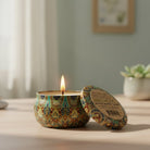 Close-up of Om Naturale Wild Wood Coconut Wax Candle in tin, showing natural plant-based wax and cedarwood, fir and pine essential oils
