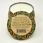 Om Naturale Wild Wood Coconut Wax Candle in a tin, natural plant-based candle with cedarwood, fir and pine essential oils for woodsy home scent