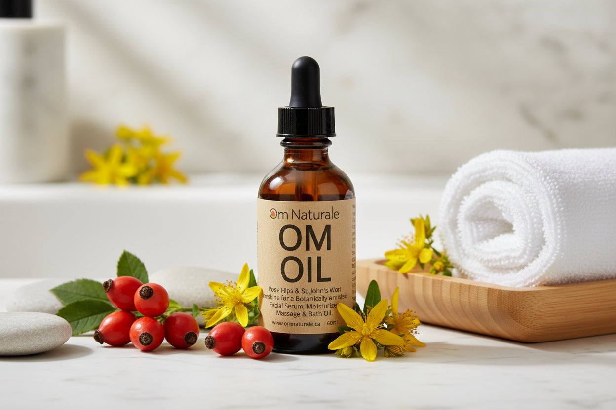 Om Oil displayed with wild rose hip and St. John's wort – natural multi-purpose oil with geranium patchouli ylang ylang vanilla aroma, Omgrown infusions from Om Naturale farm.