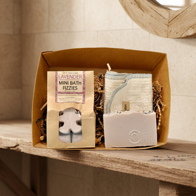 Om Naturale Bath Bento Box gift set featuring farmcrafted natural soap, bath fizzies or salts, and organic cotton cloth in eco-friendly sustainable packaging