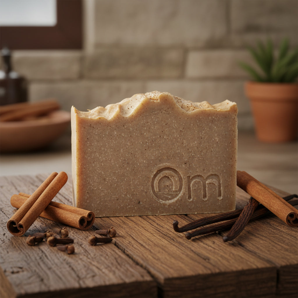 Om Naturale Farmcrafted Chai Soap bar, palm oil-free organic base with cinnamon clove vanilla essential oils, cacao and cinnamon for mild exfoliation and sweet spicy scent