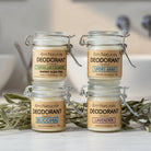 Om Naturale Natural Deodorant in four scents: Buddha, Lavender, Sport Mint and Baking soda-free, with wildharvested Okanagan sage, aluminum-free odor protection using organic arrowroot, shea butter, and essential oils