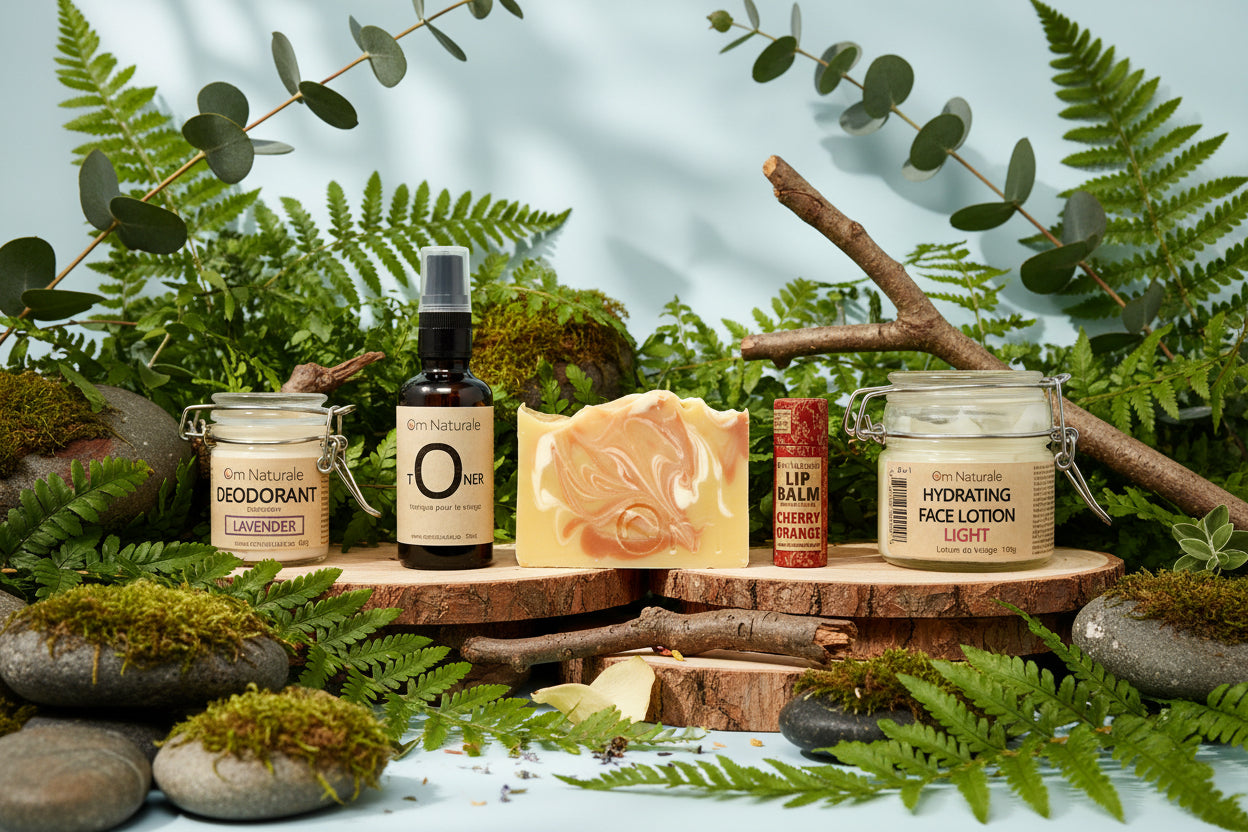 Om Naturale collection of organic bath and body products including handmade soaps, reusable cotton cloths, and natural herbal care items on farm-inspired display