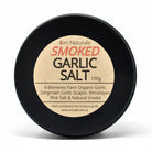 Omstead Smoked Garlic Salt by Om Naturale – small-batch naturally smoked with Omgrown garlic, garlic scapes, and Himalayan pink salt for rich smoky flavor, perfect for chilis, stews, rubs, popcorn, farmcrafted in Armstrong BC Canada.