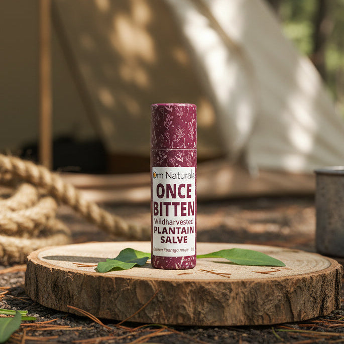 Once Bitten salve in use on the go – portable compostable stick for natural itch relief from bug bites, plantain poplar infusion with lavender tea tree, eco care by Om Naturale Canada.