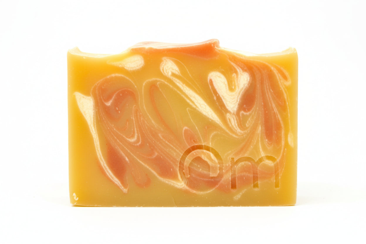 Orange You Glad Farmcrafted Soap by Om Naturale – organic palm oil free bar loaded with orange and tangerine essential oils for fresh citrus scent, bright uplifting natural soap handmade in BC Canada, approximately 120g.