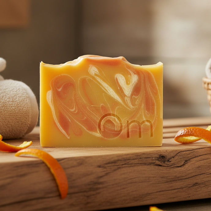 Orange You Glad Farmcrafted Soap – palm oil-free organic base bar handcrafted in Armstrong BC with pure orange and tangerine essential oils for fresh citrus scent, vegan natural ingredients from Om Naturale, free shipping BC & Alberta over $125