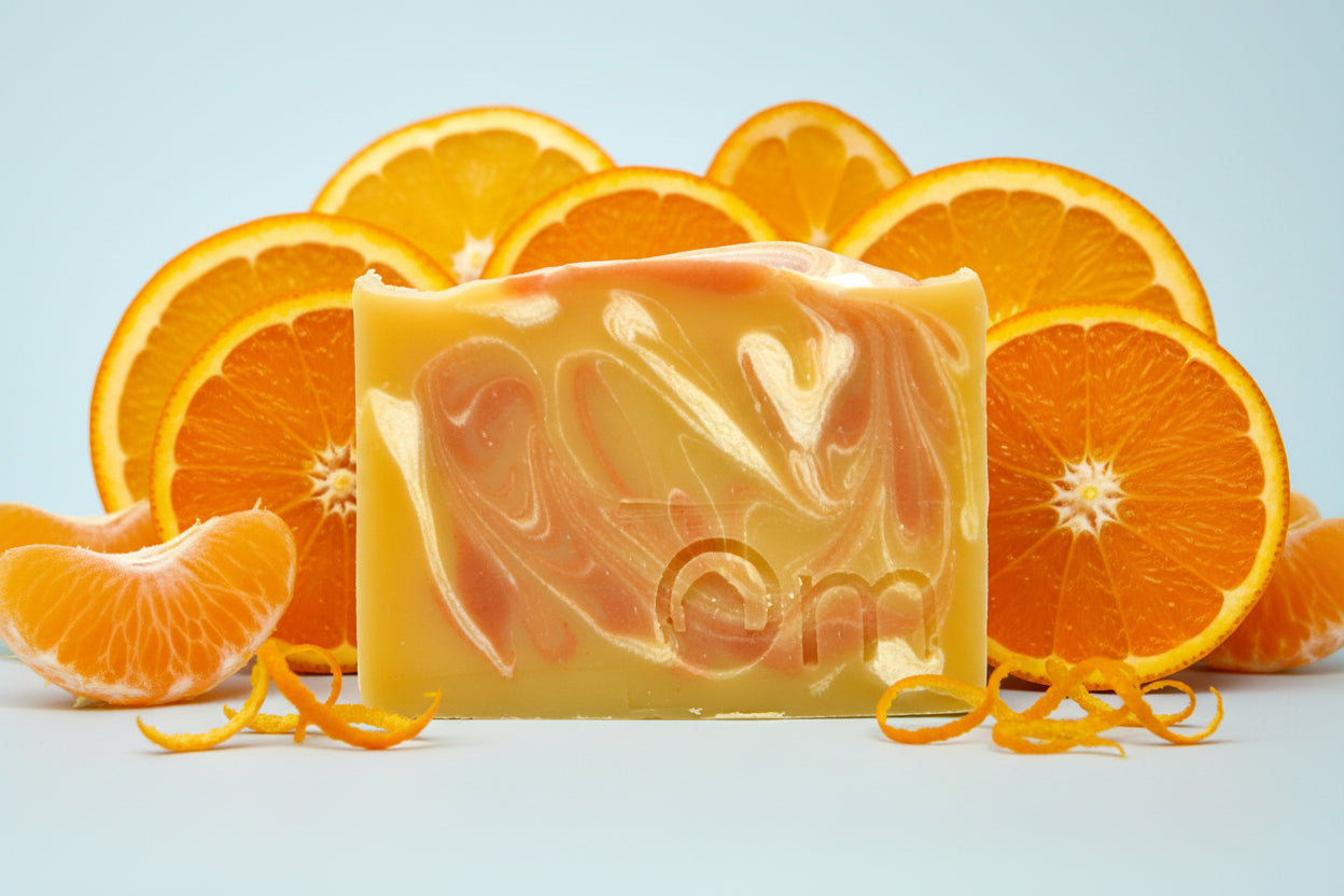 Orange You Glad soap displayed with fresh orange and tangerine – organic palm oil free bar with essential oils for bright citrus aroma, from Om Naturale farm in BC.