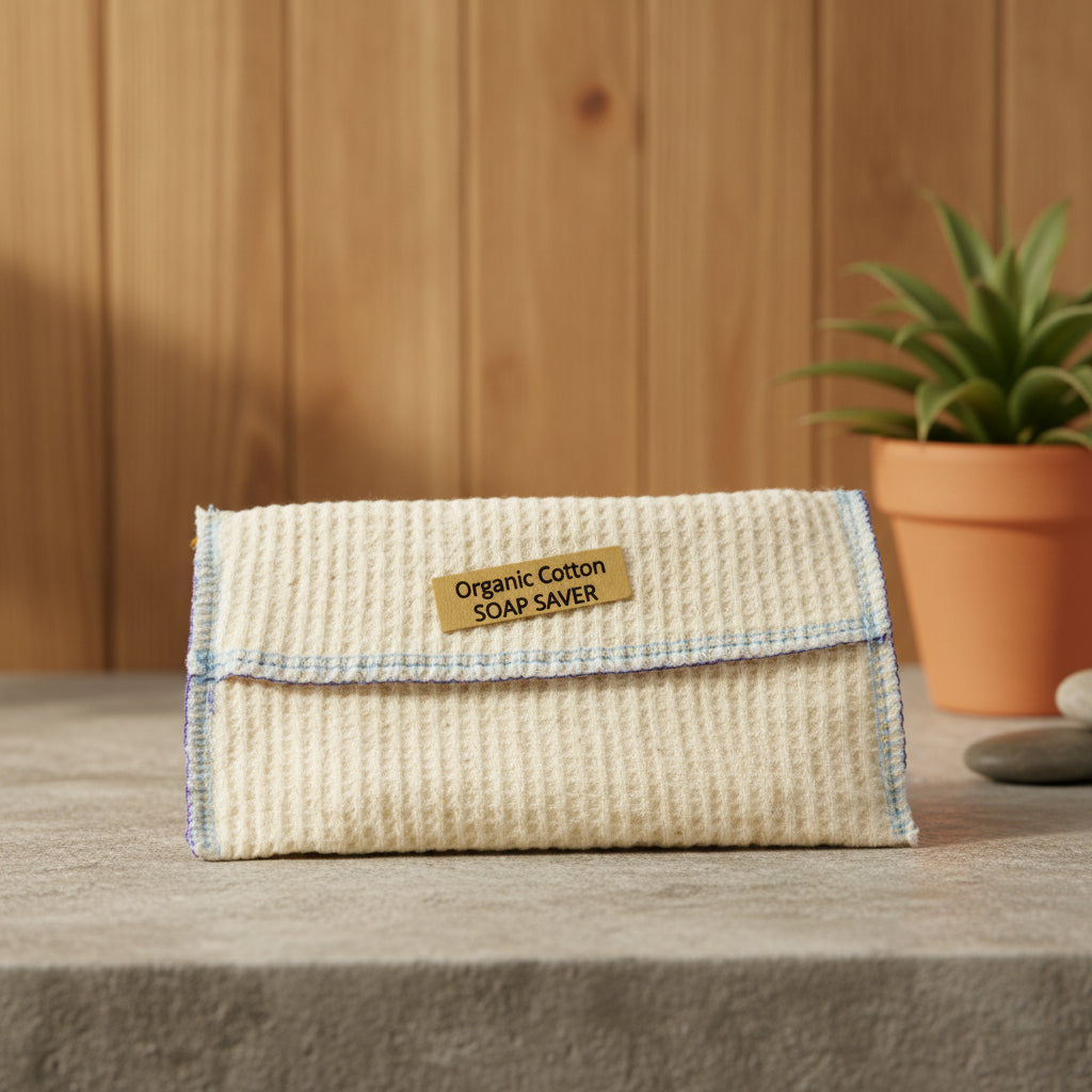 Organic cotton reusable washcloth in natural off-white, soft textured handmade cloth from Om Naturale for gentle bath and face cleansing