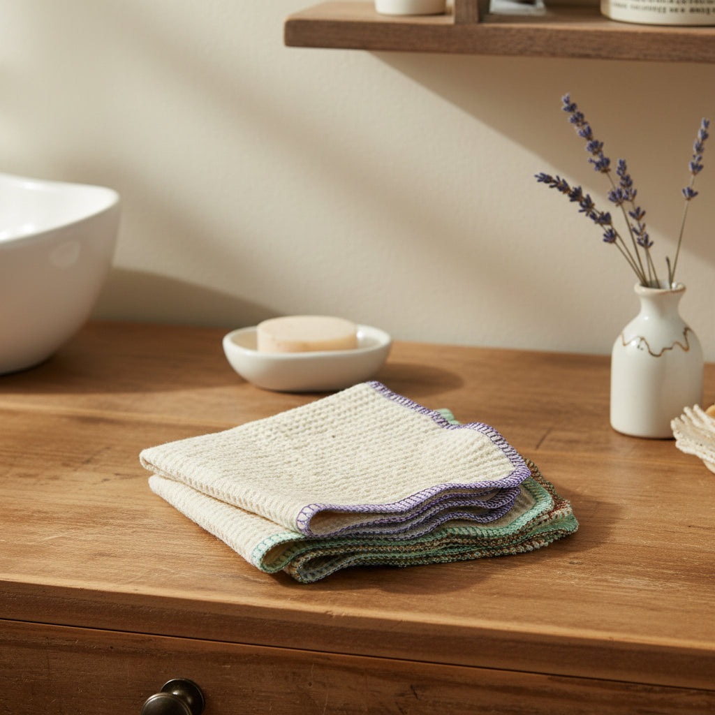 Handmade organic cotton cloth from Om Naturale, eco-friendly bath and shower accessory, displayed on bathroom counter