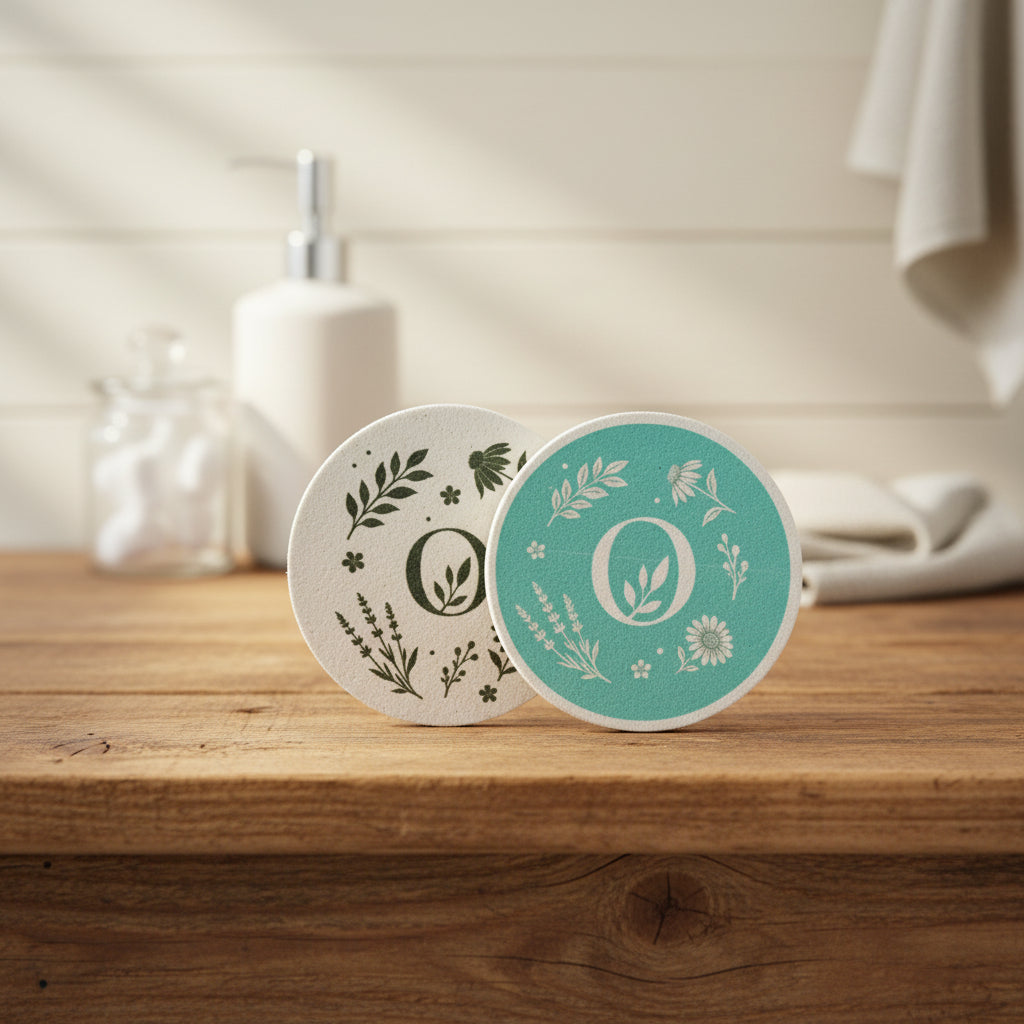 Teal and White Round Eco Sponges on a bathroom vanity.