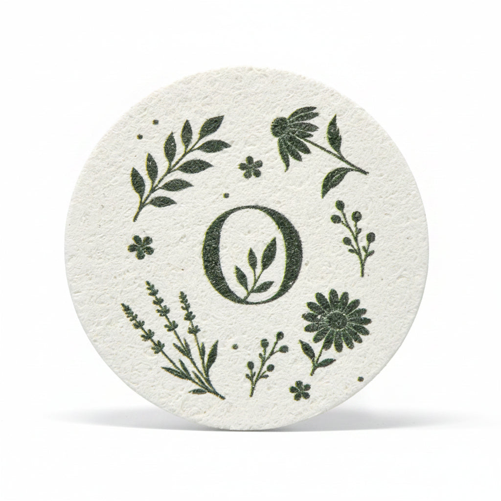 Reusable Round Eco Sponge with botanical design made from home compostable cellulose.