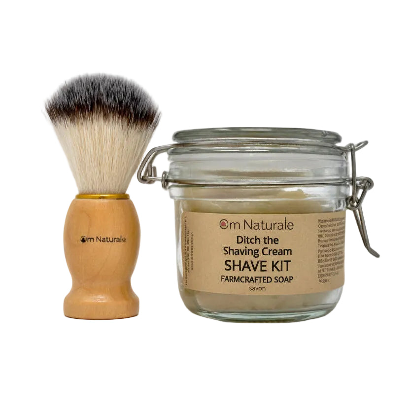 Natural Shave Kit – eco-friendly set with shave bar (organic base, lime patchouli lavender spearmint scent) in sealable refillable tin and vegan brush, handmade by Om Naturale Armstrong BC.