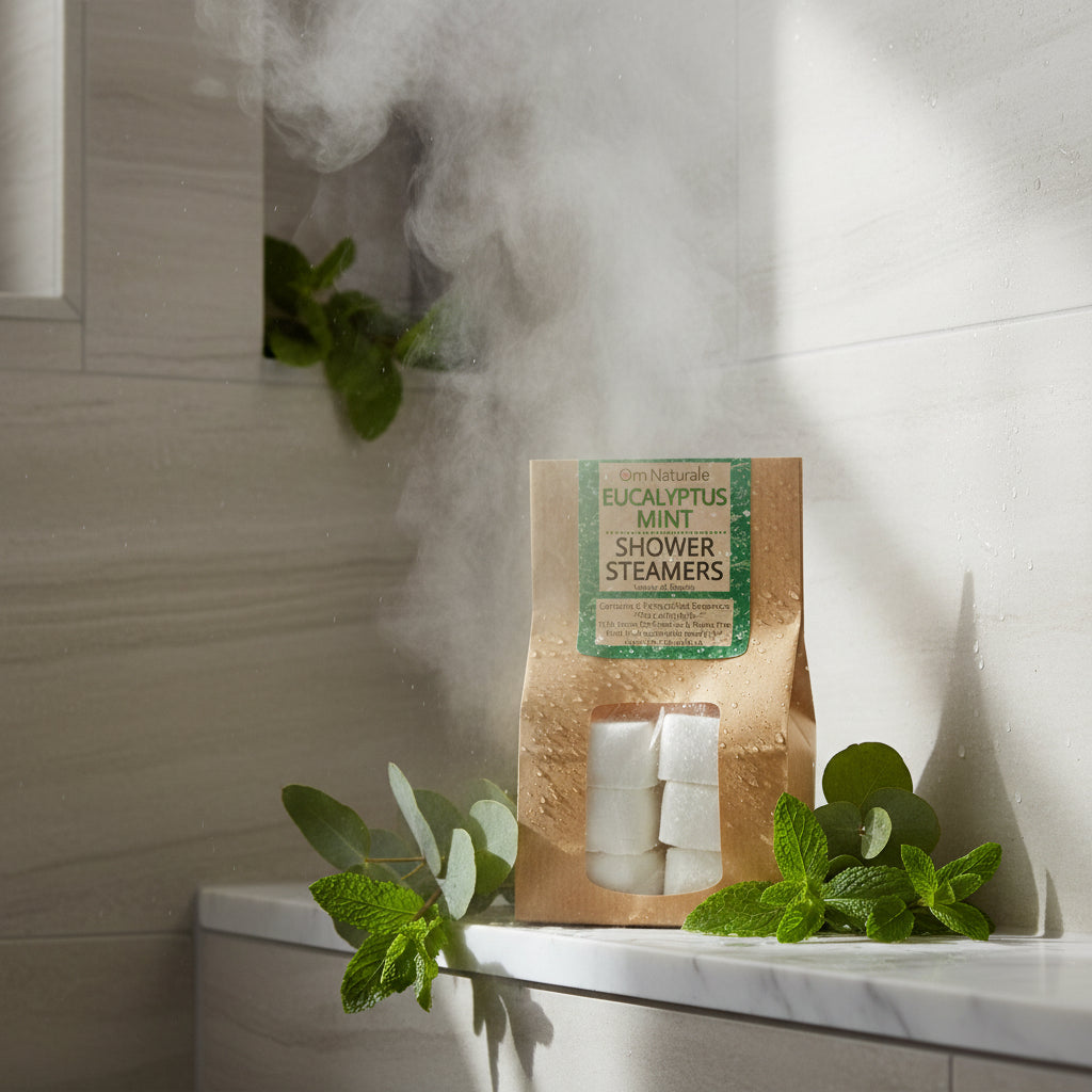 Eucalyptus Mint Mini Shower Steamer by Om Naturale – refreshing and opening with eucalyptus mint essential oils & menthol, natural clearing aromatherapy tablet in 6-pack, farmcrafted BC.