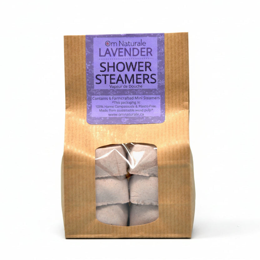 Lavender shower steamer – calming essential oil aromatherapy mini tablet, part of Om Naturale 6-pack.