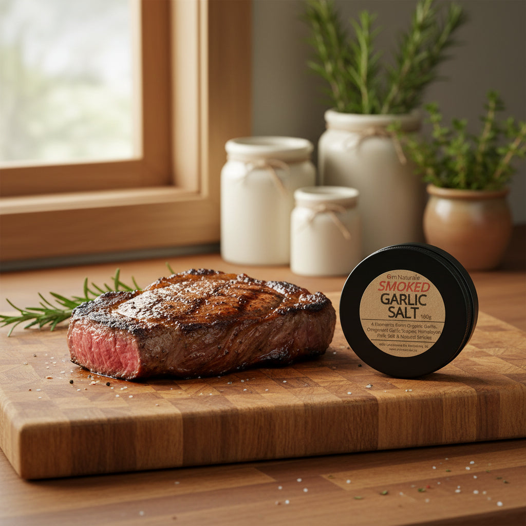 Omstead smoked garlic salt sprinkling on garlic toast or popcorn – natural smoky garlic flavor from Omgrown ingredients and Himalayan pink salt, elevating everyday meals from Om Naturale BC.