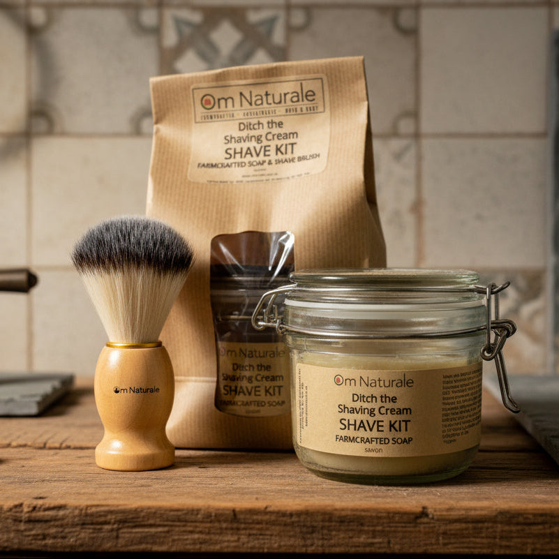 Eco Shave Kit featuring organic solid shave bar and vegan brush – rich lathering natural grooming set with essential oils of lime, patchouli, lavender & spearmint, from Om Naturale Canada.