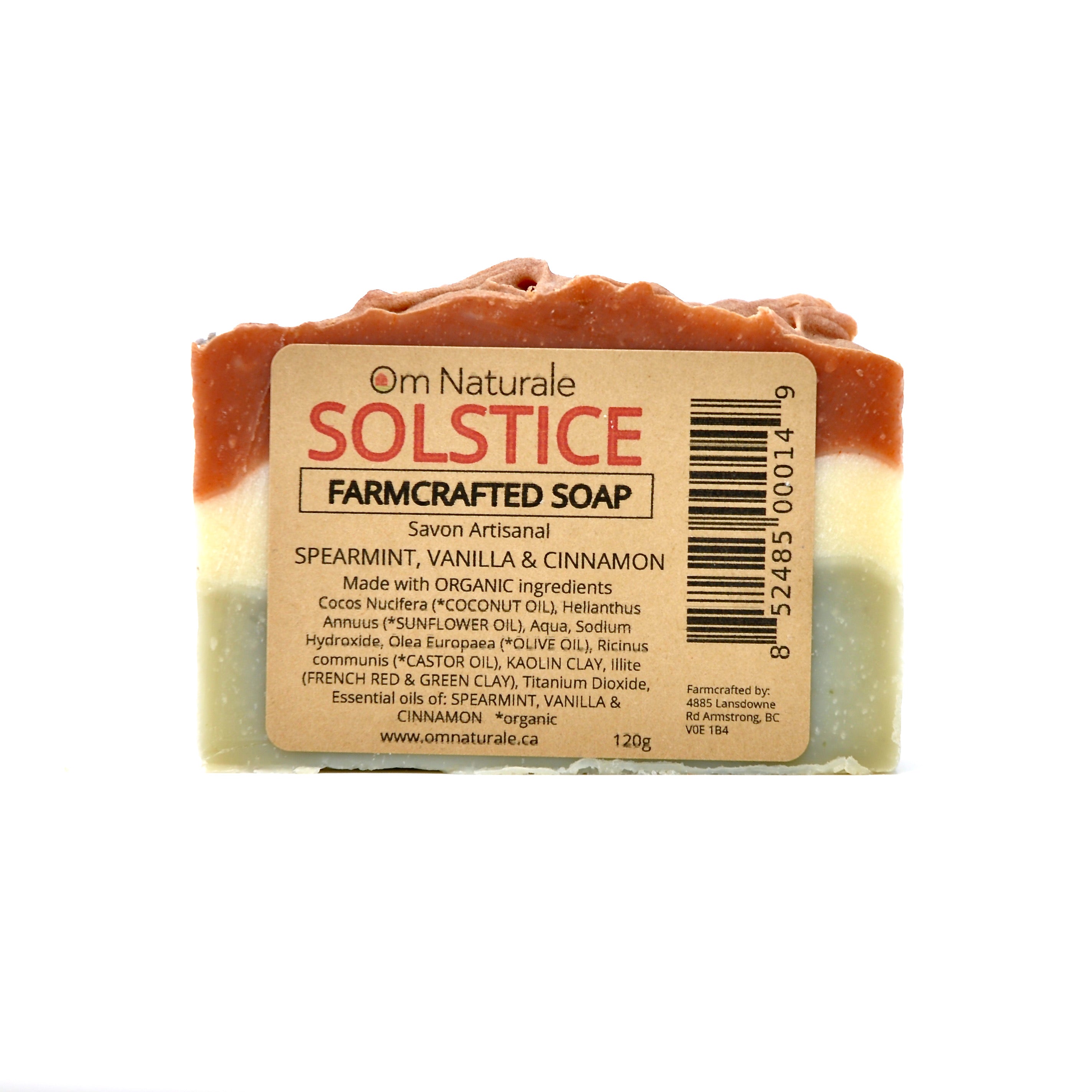 Close-up texture of Om Naturale Solstice Soap, handmade organic artisan bar with clay, cinnamon, vanilla, and spearmint for natural exfoliation and warm seasonal aroma
