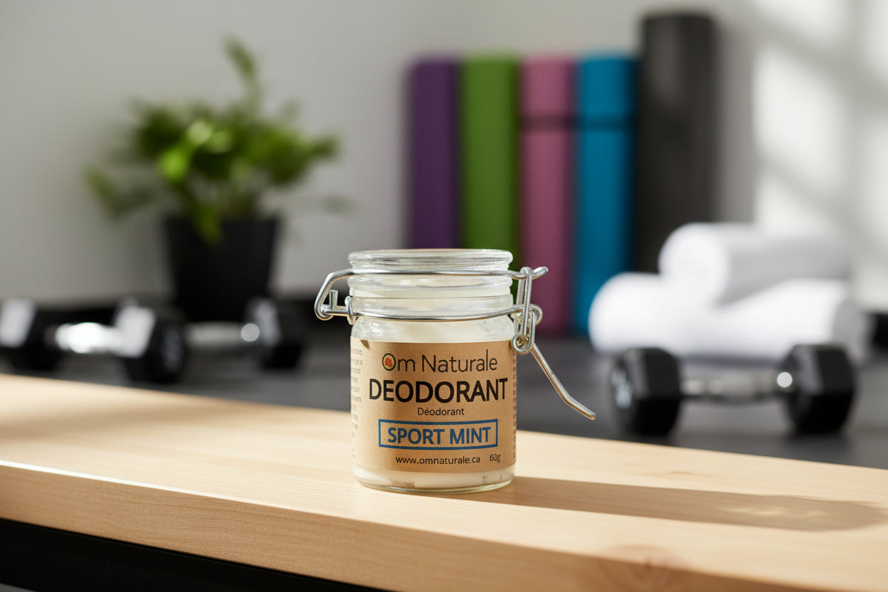Sport Mint deodorant for active days – natural paste with mint scent, sage-based aluminum-free formula, no stains or residue from Om Naturale Canada.

