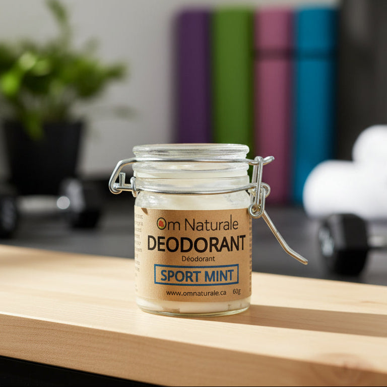 Sport Mint deodorant for active days – natural paste with mint scent, sage-based aluminum-free formula, no stains or residue from Om Naturale Canada.

