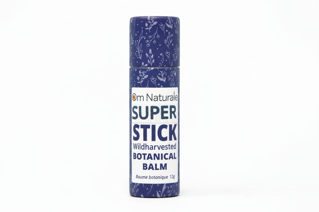 Super Stick Botanical Balm by Om Naturale – compostable tube with Super Six Omgrown plants (calendula, poplar, St. John's Wort, comfrey, plantain, violet) infused salve, unscented multi-purpose herbal stick, farmcrafted in BC.