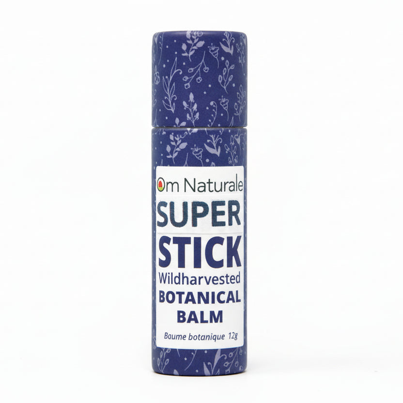 Super Stick Botanical Balm by Om Naturale – compostable tube with Super Six Omgrown plants (calendula, poplar, St. John's Wort, comfrey, plantain, violet) infused salve, unscented multi-purpose herbal stick, farmcrafted in BC.