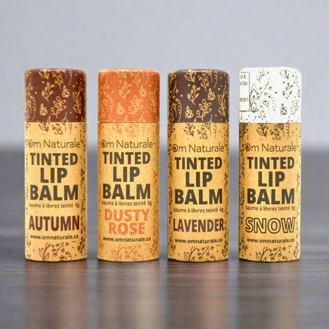 Natural beeswax tinted lip balms in compostable tubes, Autumn, Dusty Rose, Lavender & Snow, crafted in Okanagan, BC