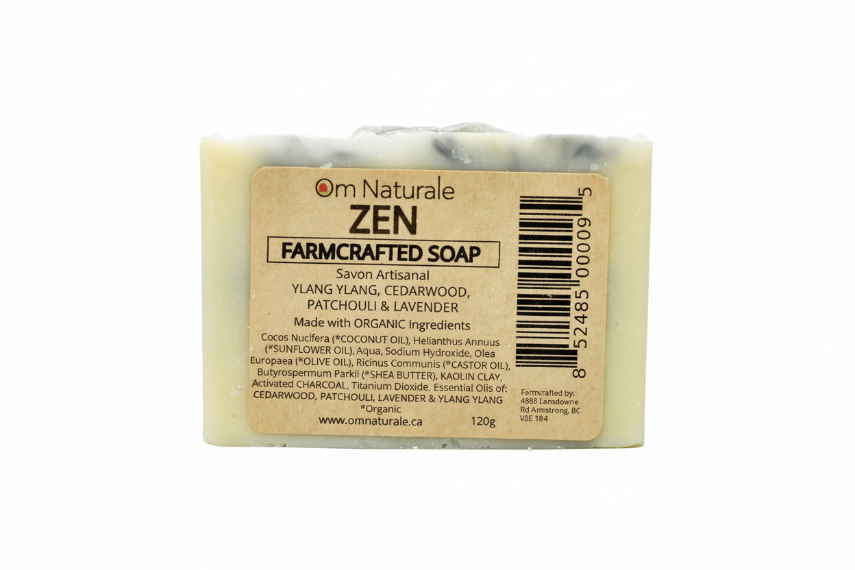 Zen farmcrafted soap bar by Om Naturale – palm oil free with charcoal swirl, blend of cedarwood patchouli lavender ylang ylang essential oils and extra shea butter for moisturizing, approximately 120g
