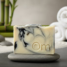 Zen Farmcrafted Soap – palm oil-free organic base bar with black charcoal swirls, handcrafted in Armstrong BC using cedarwood, lavender, patchouli & ylang ylang essential oils plus shea butter for nourishment, vegan natural soap from Om Naturale, free shipping BC & Alberta over $125