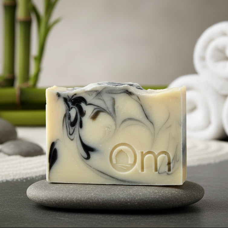 Zen Farmcrafted Soap – palm oil-free organic base bar with black charcoal swirls, handcrafted in Armstrong BC using cedarwood, lavender, patchouli & ylang ylang essential oils plus shea butter for nourishment, vegan natural soap from Om Naturale, free shipping BC & Alberta over $125