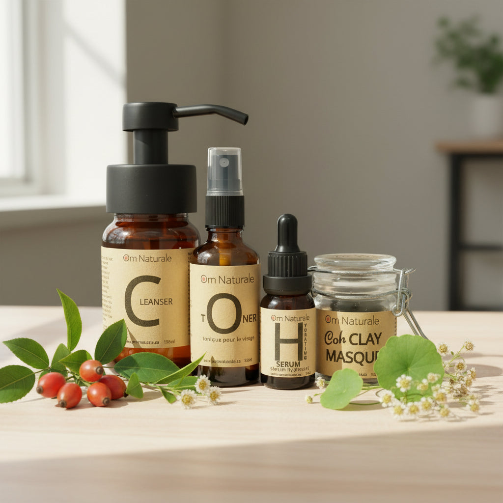 Om Naturale Coh complete face care collection – small-batch cleanser, toner, rosehip & gotu kola serum, and masque in sustainable glass packaging