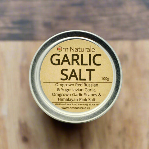 Om Naturale Garlic Salt, natural, made in Armstrong BC for eco-friendly Okanagan kitchens
