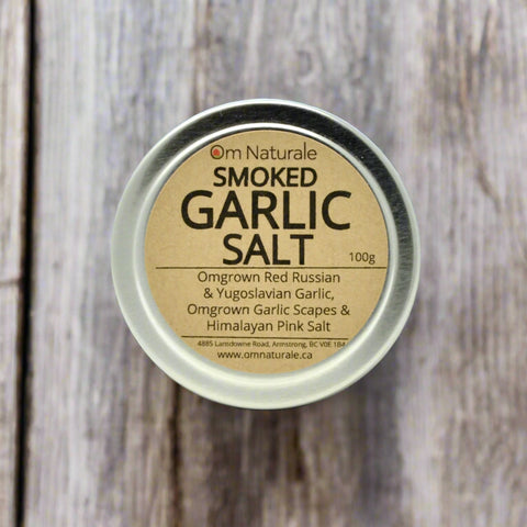 Om Naturale smoked garlic salt, artisanal, made in Armstrong BC for Okanagan gourmet gifts